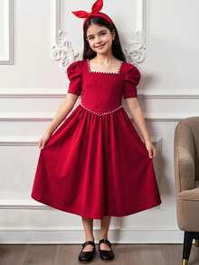 少女优雅珍珠点缀方领羊腿袖荷叶边下摆缎面连衣裙，适合婚礼、派对、生日、聚会、春夏穿着。 - 紅色 - 查看 3