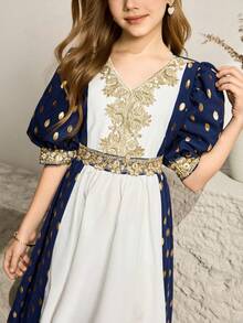 Flower Girl & Big Girl High-End Palace Style Gold Foil Puff Sleeve Elegant Party Summer Dress,Navy Blue And White Embroidered Princess Formal Gown - Blue - View 8
