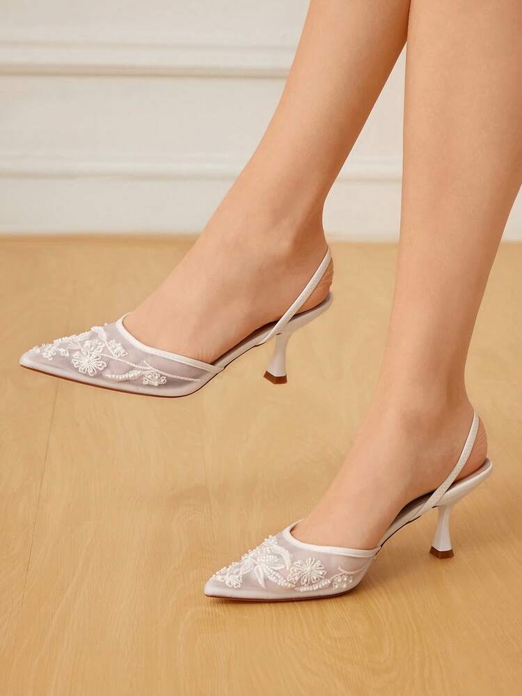 CUCCOO HITCHD Women's New Embroidered Lace Pointed Toe Elegant Champagne Mesh High Heels, Bridal Shoes For Romantic Date, Wedding, Banquet Valentine's Day Elegant Shoes Wedding Shoes Summer Shoes Bride Shoes