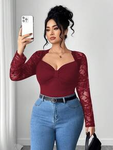 Elenzga Áo thun nữ cỡ lớn thanh lịch cổ vuông tay dài phối ren, thiết kế vạt áo bất đối xứng, giúp thon gọn vòng eo, thích hợp mặc đi làm, đi chơi, dự tiệc, đi club. - Màu Đỏ Sâu - Xem 3