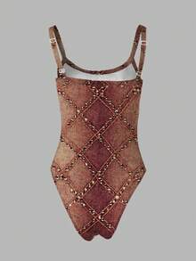 Rovax Women's Fashionable Rhombus Print Sleeveless Bodysuit, Summer - Multicolor - View 2