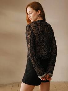 MOTF PREMIUM 优雅 3D 花卉蕾丝撞色亮片透视轻薄西装外套 - 黑色 - 查看 3
