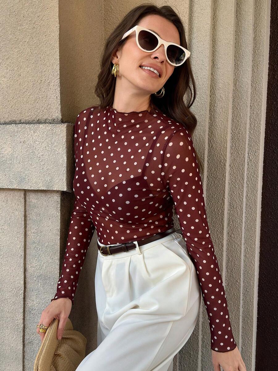 Solivie Women's Polka Dot Print Sheer Mesh Blouse, Suitable For Party, New Year, Christmas Polka Dot Long Sleeve Fitted Long Sleeve - Brown - View 1