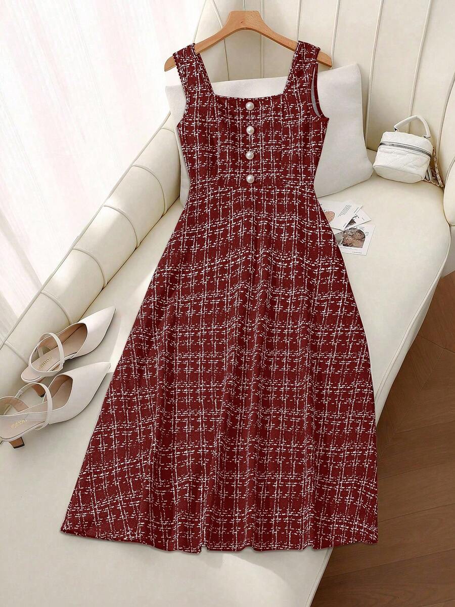 SHEIN Clasi Women's Elegant Plaid Sleeveless Midi Dress For Commuting - Burgundy - View 1