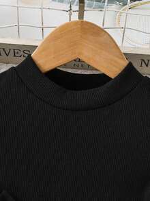 SHEIN 女童针织拼接几何图案休闲连衣裙 - 黑色 - 查看 8