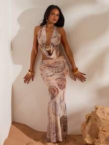 Opulessa 女士贝壳印花深V领镂空修身性感时尚连衣裙 - 卡其色 - 查看 6