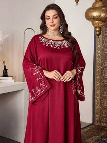 Al Najma Elegant Burgundy Boat Neck Beaded & Rhinestone Flared Sleeve Dress, Spring/Summer - Red - View 2