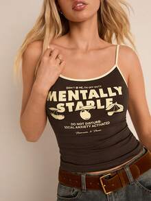 Easelle Camiseta de tirantes casual y versátil con estampado de eslogan y cerezas para mujer - Marrón - Ver 4
