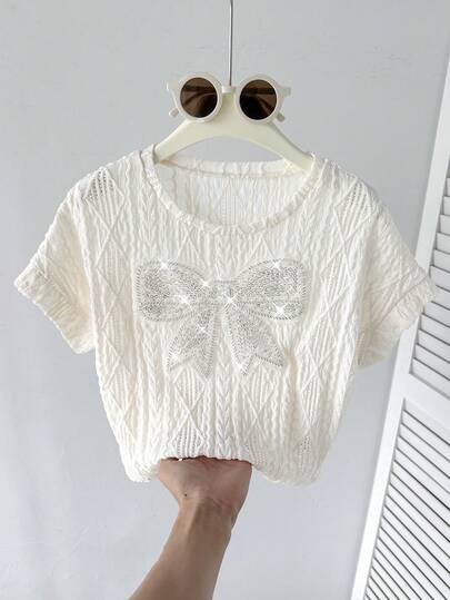 SHEIN 少女白色春夏休闲优雅宽松落肩圆领提花纹理蝴蝶结装饰T恤