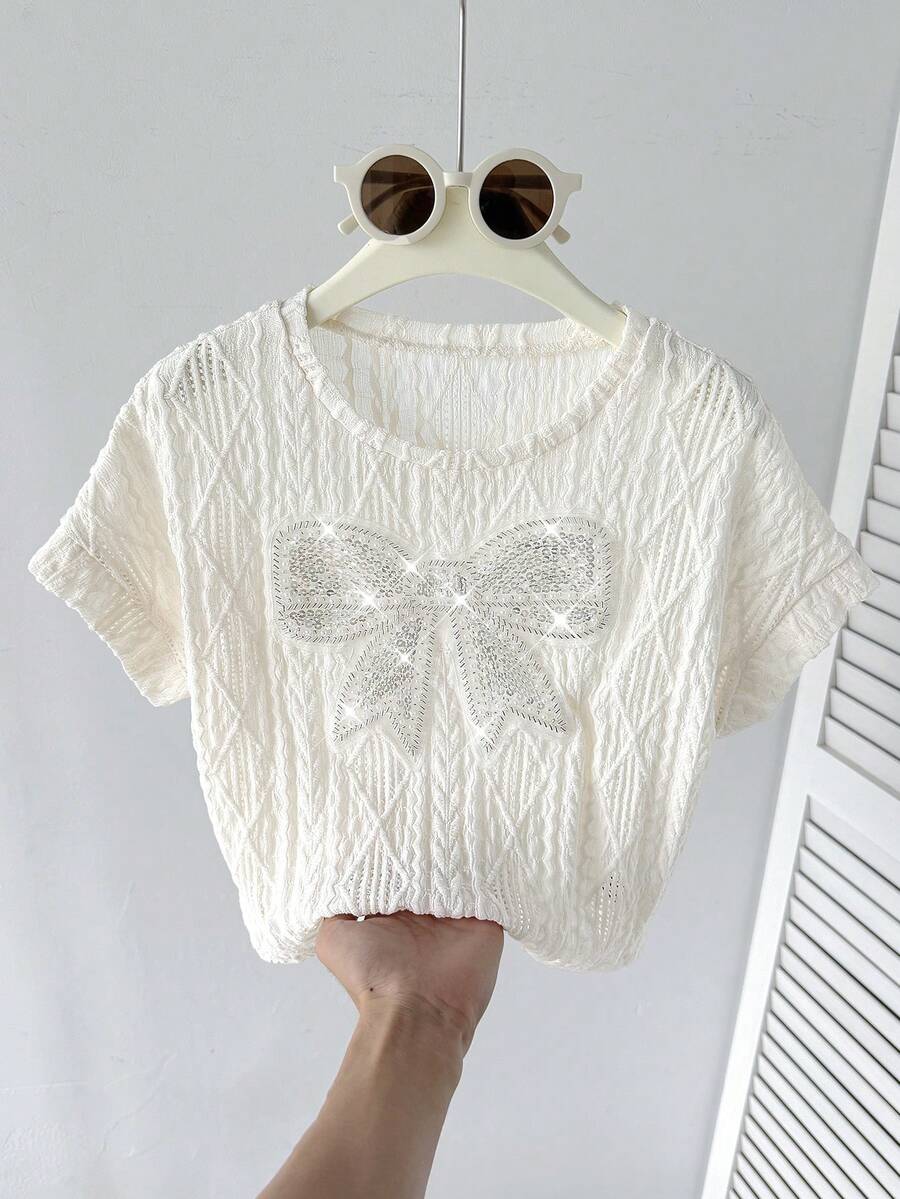 SHEIN 少女白色春夏休闲优雅宽松落肩圆领提花纹理蝴蝶结装饰T恤