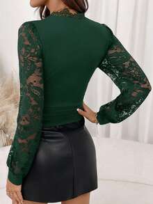 Editum Women's V-Neck Long Sleeve Black Lace Trim Fitted Pleated Elastic Elegant Everyday Casual Commute Autumn/Winter T-Shirt - Dark Green - View 2