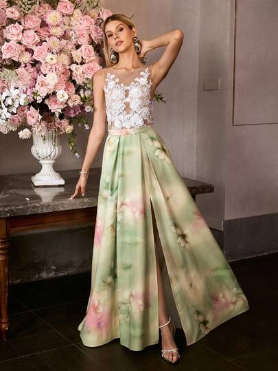 MOTF PREMIUM WOMEN'S ELEGANT SLEEVELESS BACKLESS U-NECK FLOOR-LENGTH PARTY GOWN , FRONT CHEST FLORAL APPLIQUE , OVERSIZED GRADIENT FLORAL SKIRT & FORM-FITTING SILHOUETTE , IDEAL FOR WEDDINGS, GALAS & SPRING/SUMMER EVENINGS , STYLE WITH STRAPPY HEELS & DELICATE JEWELRY