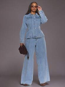 MUSERA Plus Contrast Stitch Cinched Waist Button Through Denim Jacket Autum Everyday Casual Cool Girl Streetwear Uncut - Light Wash - View 5