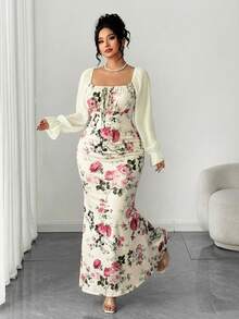 Elenzga 大码新款女式方领蝴蝶结雪纺泡泡袖设计长款连衣裙，适合约会、派对、日常穿着，收腰设计，修身显瘦，优雅青春，长款连衣裙，适合春、夏、秋季穿着。荷叶边鱼尾裙两件套连衣裙，优雅碎花连衣裙，女式牛仔连衣裙，优雅连衣裙，女式度假套装，优雅女装，女装连衣裙，女式正装 - 杏色 - 查看 8