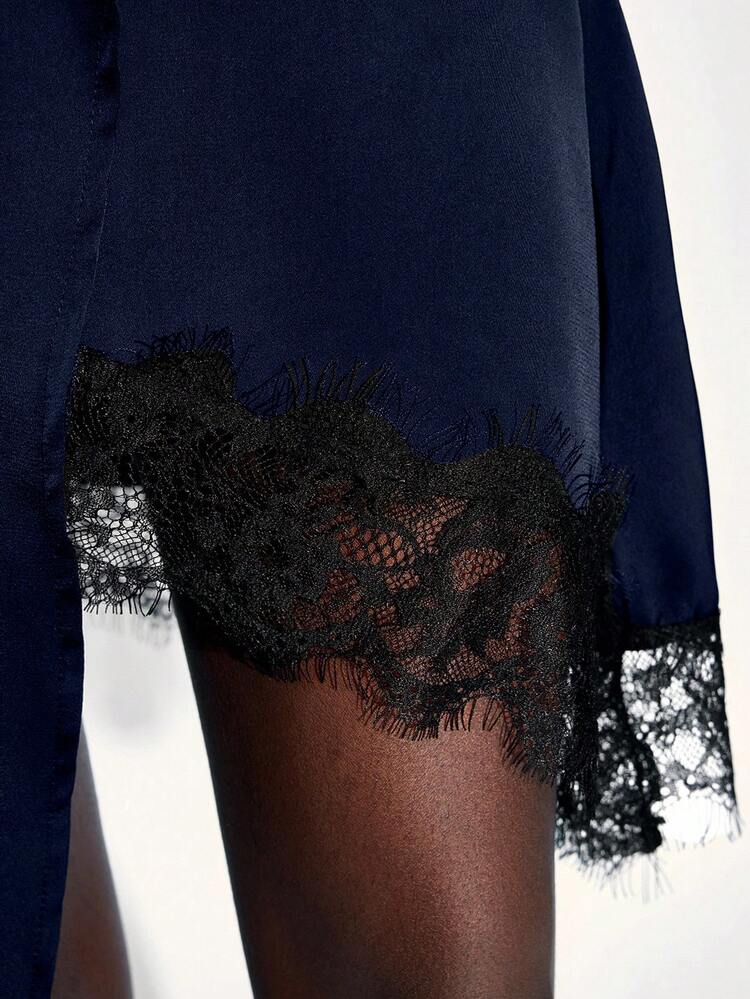 SHEIN Maija Women's Asymmetrical Lace Hem Patchwork Dress, Elegant Romantic Fitted Asymmetric Lace Hem High Slit Skirt, Elastic Waist A-Line Skirt Asymmetrical Skirt Navy Blue Skirt Lace Trim Skirt Dark Blue Skirt High Low Skirt Modern Urban Casual Fashion Business Casual Women's Office Wear Low-Key Old Money Style Effortless Temperament High-End Urban Commuting High-Quality Airport Women's Wear High-End Material