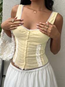 Sunnyshic Women's Fashion Casual 100% Cotton Lace Trim Patchwork Camisole - Pale Yellow - View 3