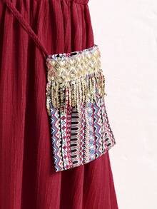 SHEIN Girls Casual Woven Printed Dress With Golden Tassel Trim, V-Neck Puff Sleeve, Suitable For Daily Wear, Vacation, Spring/Summer - Burgundy - View 6