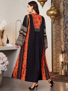 Al Najma Plus Size Women Elegant Floral Printed Traditional Loose Casual Long Dress, Suitable For Spring/Autumn - Black - View 2