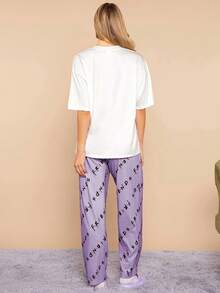 FRIENDS X SHEIN Women Casual Character Portrait & Letter Print White Loose Top & Logo Letter Print Loose Pants Pajama Set - Purple - View 2