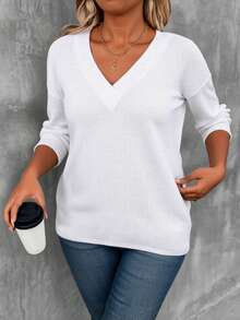 EMERY ROSE 大码女式白色V领落肩长袖T恤 - 彩色 - 查看 3