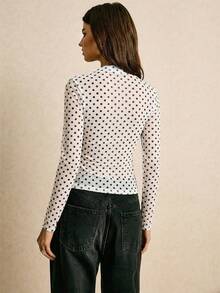 Poéselle Women's Fashionable Elegant Polka Dot Print Long Sleeve T-Shirt Polka Dot Shirt Pokadot Top Full Sleeve Tops - White - View 2