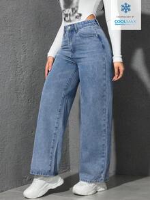 SHEIN ICON 纯色斜插口袋休闲百搭阔腿牛仔裤 - 淺色水洗藍 - 查看 4