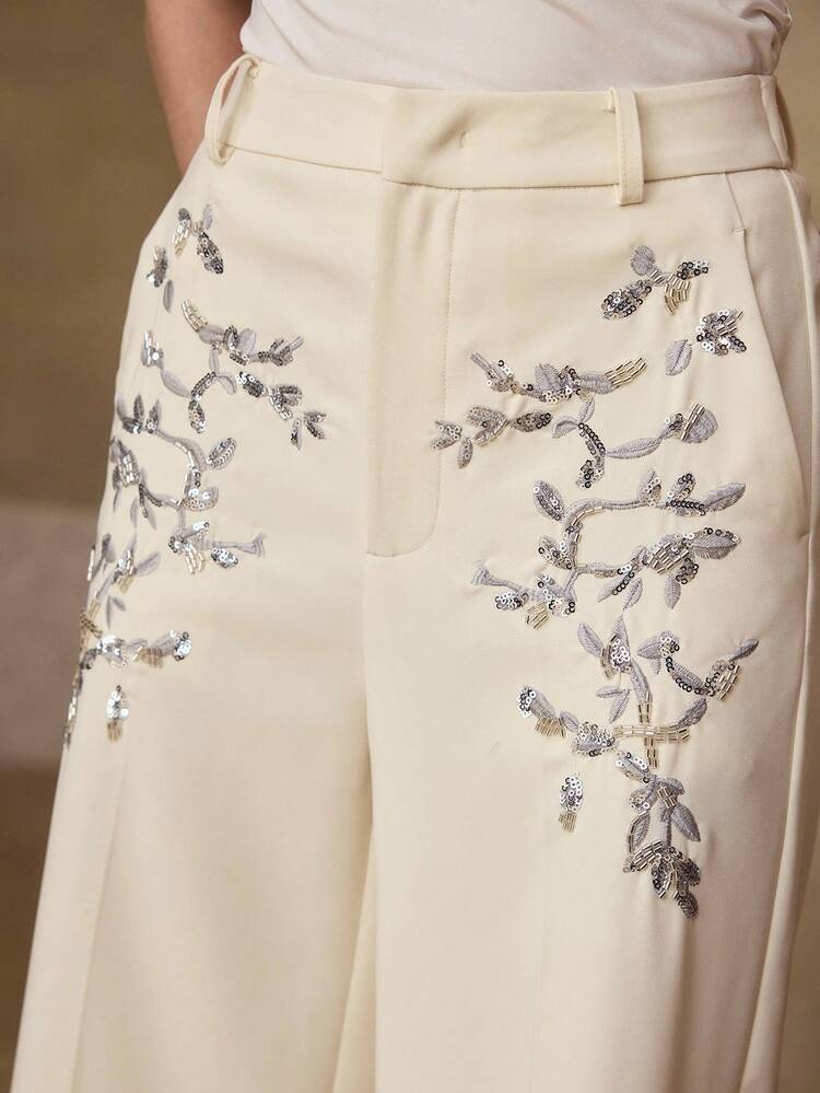 WOMEN'S EMBROIDERED DRAPE EFFECT SUIT PANTS