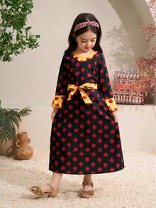 Vestido Floral Elegante de Menina Jovem com Gola Dourada em Forma de Flor e Mangas Sino - Preto - Visão 5