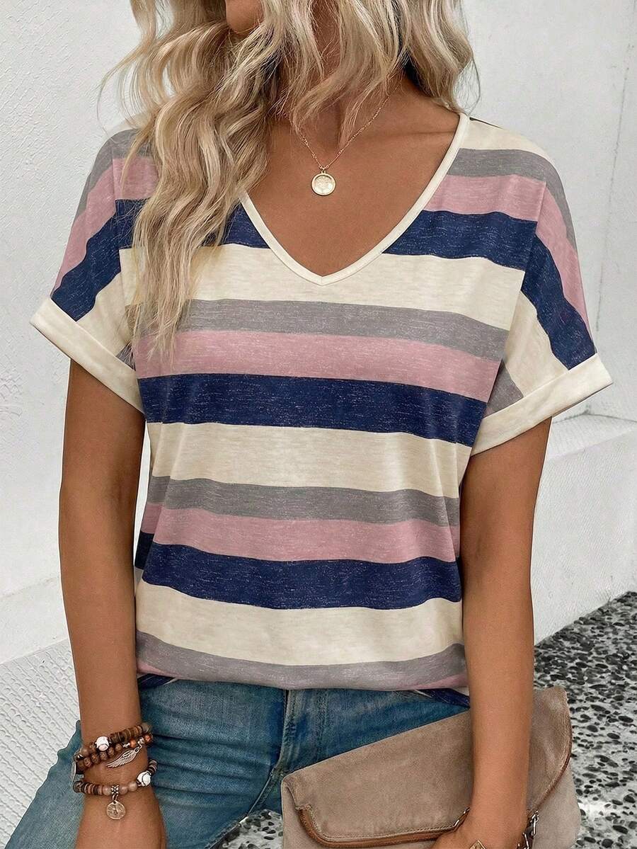 EMERY ROSE Women's Striped V-Neck Short Sleeve Casual Loose T-Shirt - Multicolor - View 1