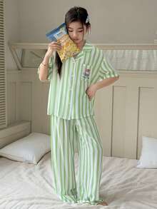 DAZY 夏季女童舒适条纹小熊印花短袖衬衫和裤子睡衣套装 - 綠色 - 查看 2