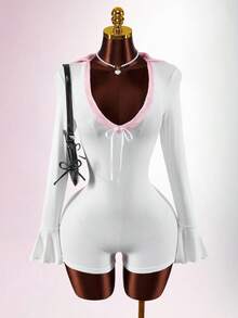 Amplova 2026 New V-Neck Lace Collar Textured Ribbed Skinny Women's Jumpsuit - Multicolor - View 1