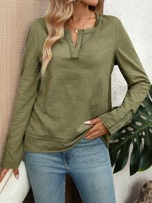 EMERY ROSE 女士休闲纯色基础款长袖T恤 - 綠色 - 查看 8