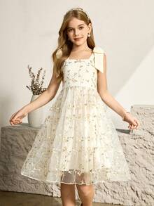 少女刺绣网纱优雅蝴蝶结派对无袖蝴蝶结连衣裙 - 杏色 - 查看 6