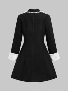 ROMWE Gothic Style Fitted Lace Trim Open Front Mid-Length Wool Blend Coat - Black - View 8