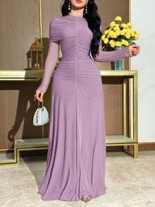 Feyla New Design Pleated Cinched Waist Elegant Romantic Party & Holiday Dress - Purple - View 2