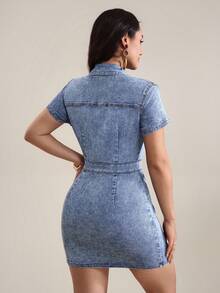Flexra 女士时尚单排扣紧身牛仔连衣裙 - 藍色 - 查看 2