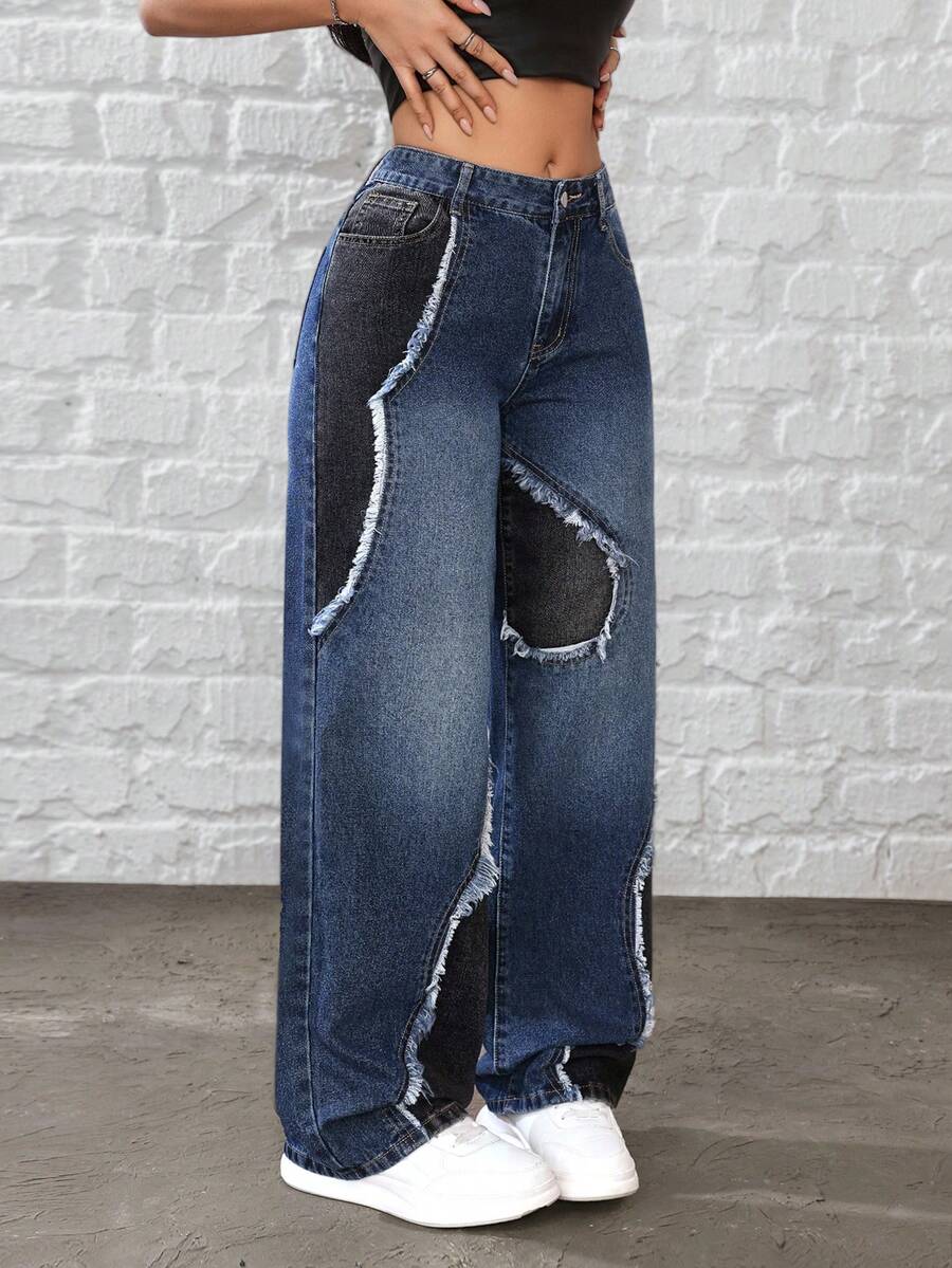 SHEIN Tall 女士休闲日常通勤时尚街头拼接毛边宽松直筒牛仔裤 - 藍色 - 查看 1