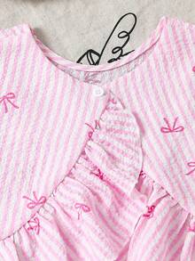 SHEIN 2pcs Young Girl Woven Striped Bow Decor Casual Camisole And Pants Set Young Girl Pant Set Girls Pink Stripe Set Young Girls Cami And Wide Leg Pants Set Girls Pink Two Piece Set Girls Two Piece Pant Set Girls Pink Pajama Set - Pink - View 9