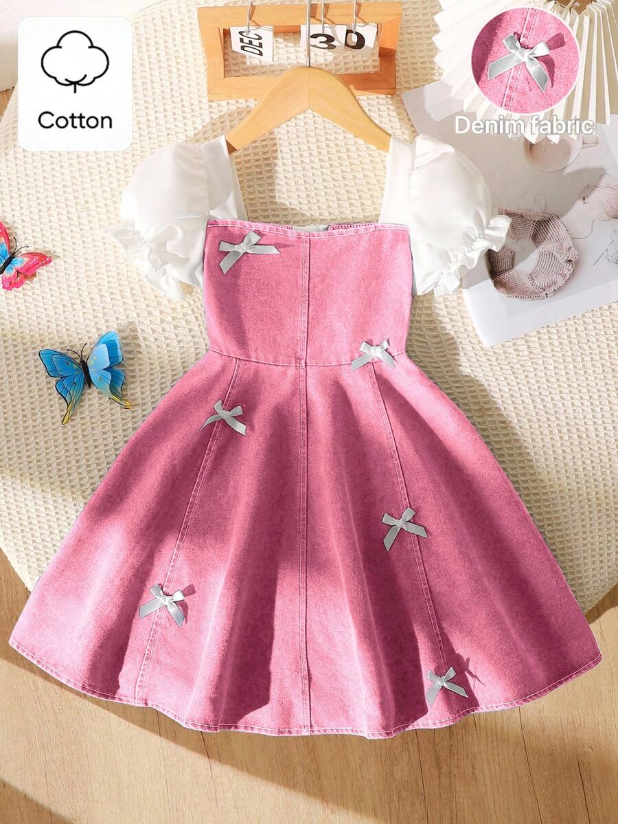 SHEIN Playful Pals 女童粉色丹寧公主洋裝，夏季派對穿搭，適合7歲生日，短澎袖方領修身 A 字裙，附蝴蝶結裝飾