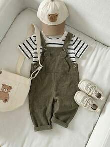 Set de 2 piezas para niños pequeños: Camiseta de manga corta de cuello redondo a rayas y pantalón peto de pana ajustable con oso, adecuado para ir y venir, la escuela, vacaciones, deportes, primavera/otoño, 6M-3T, ropa para niños, ropa para bebés, ropa para niños pequeños, camiseta para niños pequeños, peto para niños pequeños - Verde Oscuro - Ver 10