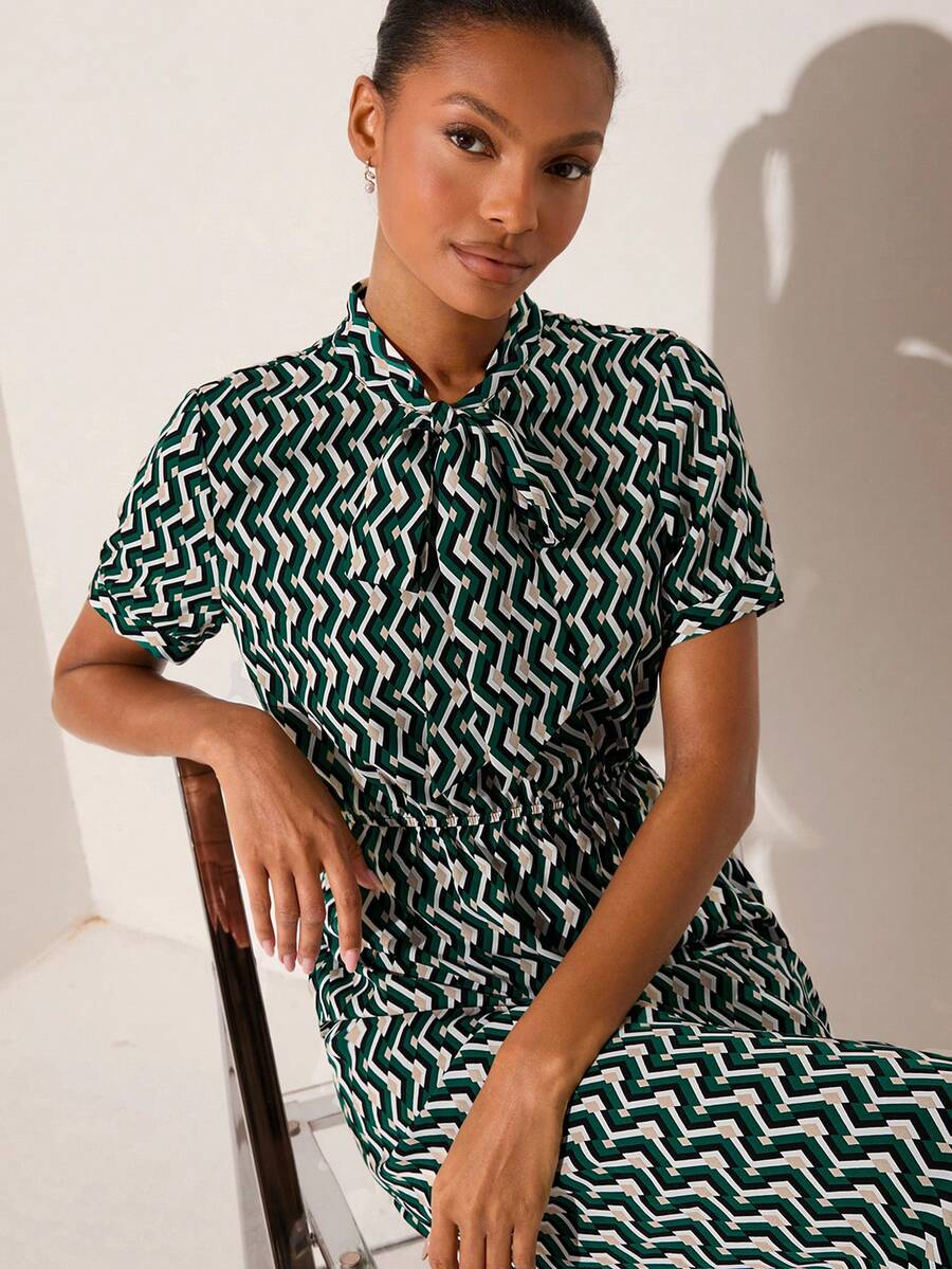 Lilora Women's Elegant Geometric Print Tie Neck Short Sleeve Shirt Dress,Green Summer Patterned Dress For Office,Sophisticated Casual Spring Summer Dress - Multicolor - View 1