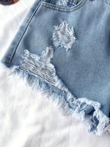 SHEIN Quần short jean rách màu xanh dương dành cho nữ tuổi teen, mùa hè, phong cách thường ngày và thời trang cho kỳ nghỉ, thời trang đường phố, phong cách những năm 2000, chất liệu denim mềm mại và thoải mái, quần short jean mềm mại và thoải mái, quần short jean mùa hè. - Rửa nhẹ - Xem 5