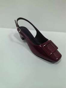 CUCCOO BIZCHIC Burgundy Square Toe Backless Mid-Heel Buckle Strap Women Shoes, Chunky Heel - Burgundy - View 7