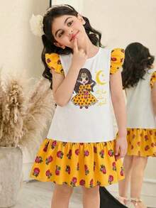 SHEIN Young Girl Star & Moon Cute Cartoon & Ditsy Floral Print Ruffle Hem Dress - White - View 3