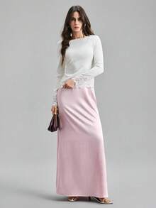 Ontre 2026 New Early Spring Pink Crinkle Satin Elastic Waist Women's Skirt, Suitable For Modern Urban Party, Back To School Season, Wedding, Urban Minimalist Casual Daily Wear, Bohemian Style, Vacation, Festival, Spring - Pink - View 2