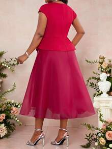 Fleurora Red Spring Elegant Formal Party Women Plus Size 3D Rose Contrast Mesh Batwing Sleeve Midi Dress,Wedding Guest Birthday Valentine's Day Church Outfits - Red - View 2