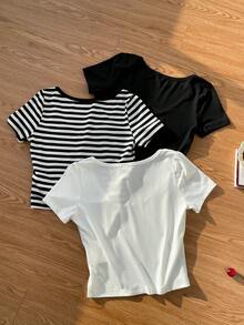 SHEIN EZwear 3件装 女士黑白条纹印花针织圆领短袖T恤 - 彩色 - 查看 3