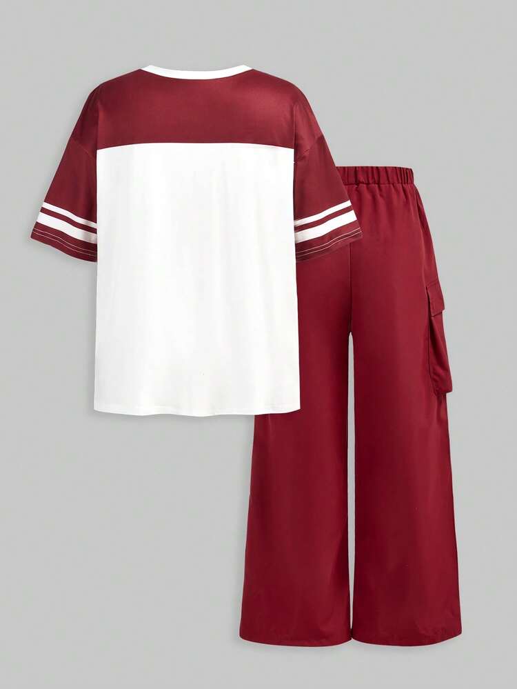 2 peças/Conjunto Estilo de Rua Casual Camiseta com Estampa Numérica + Calça Cargo para Adolescentes, Ajuste Confortável para Movimentação Fácil, Elementos de Moda de Rua, Adequado para Escola, Transporte, Passeios de Fim de Semana, Uso Diário na Primavera - Vermelho - Visão 2