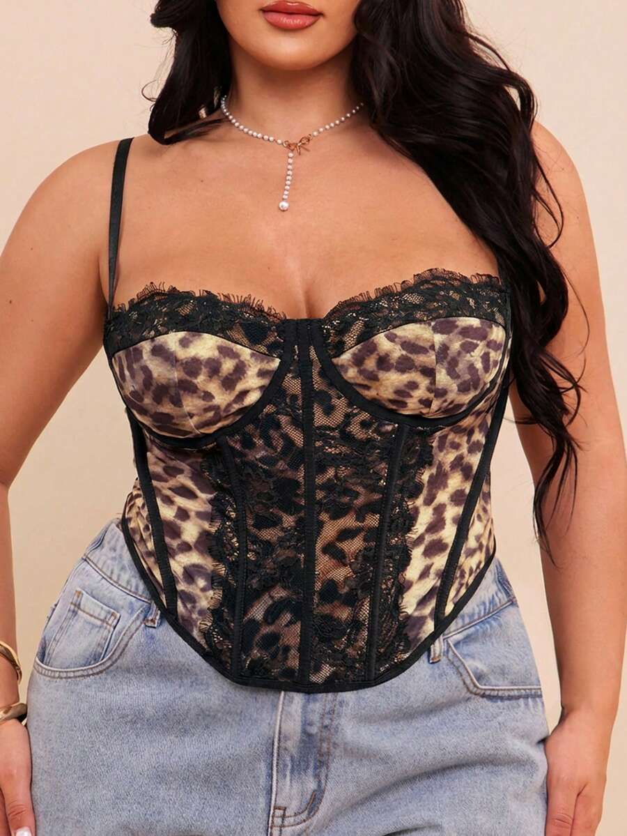 SHEIN BAE Plus Size Women Leopard Print Lace Patchwork Camisole, Going Out Tops - Black - View 1