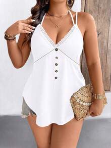 EMERY ROSE Áo hai dây ren phối màu tương phản, trang trí cúc, cỡ lớn, thích hợp cho kỳ nghỉ hè. - trắng - Xem 3